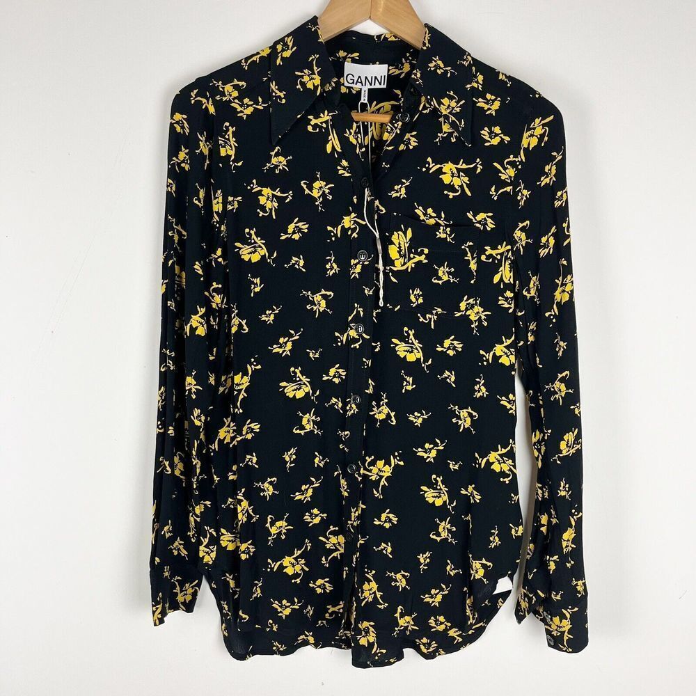 Ganni button down up shirt black yellow floral‎ size 34​​​​